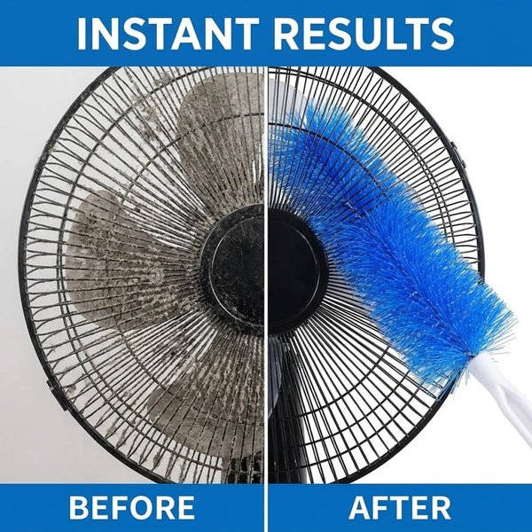 Before and after comparison of a ceiling fan cleaning brush showing dirt removal.