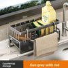 Gun gray countertop storage rack for kitchen sponges and dishcloths with a hanging rod