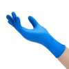 A hand wearing a bright blue disposable nitrile cleaning glove, shown in profile.