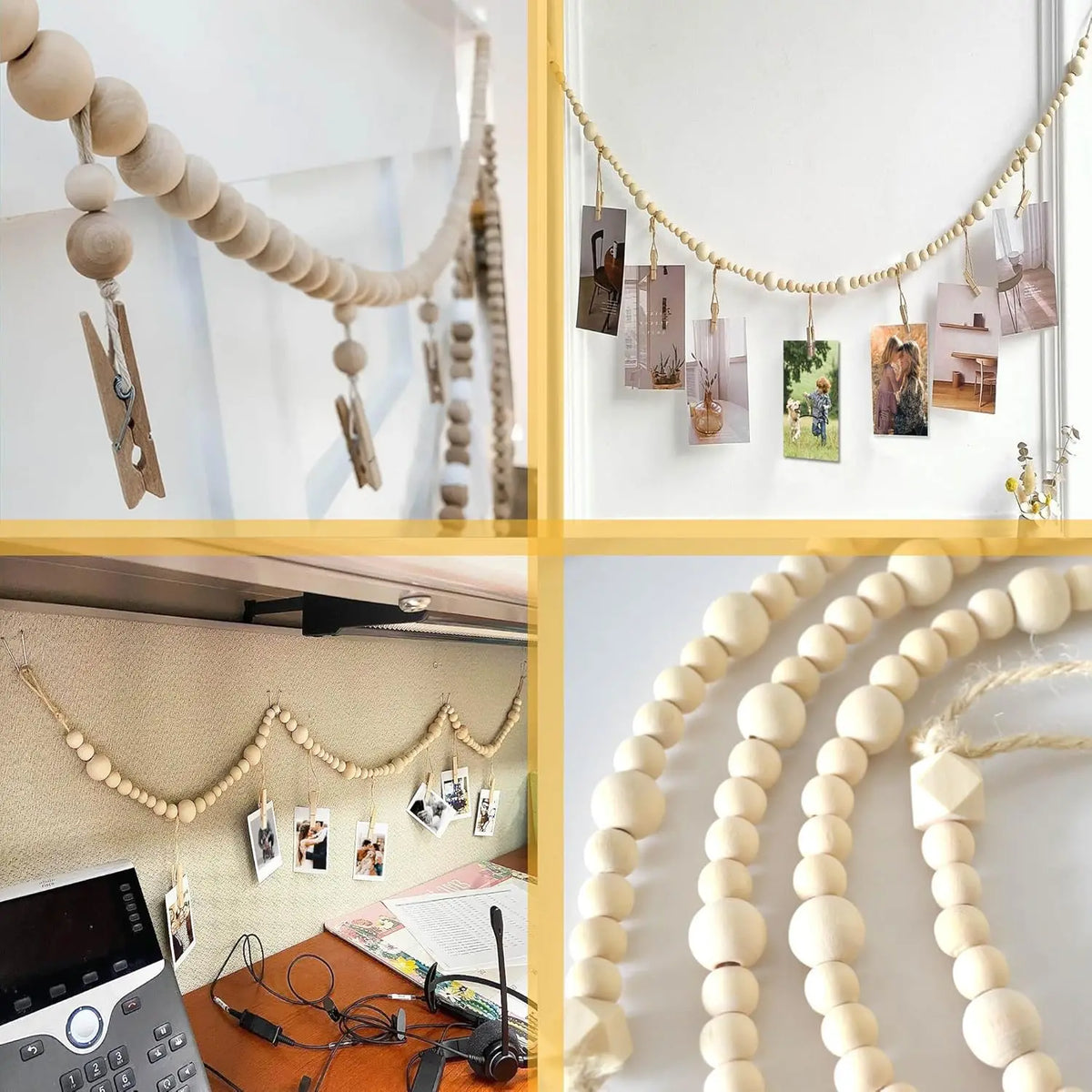 Colgante de cuentas de madera bohemio con fotos enmarcadas suspendidas en cuerda dorada.