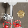 A close-up of a metal shower head holder with suction cups supporting a large plastic bottle, demonstrating strong load-beari