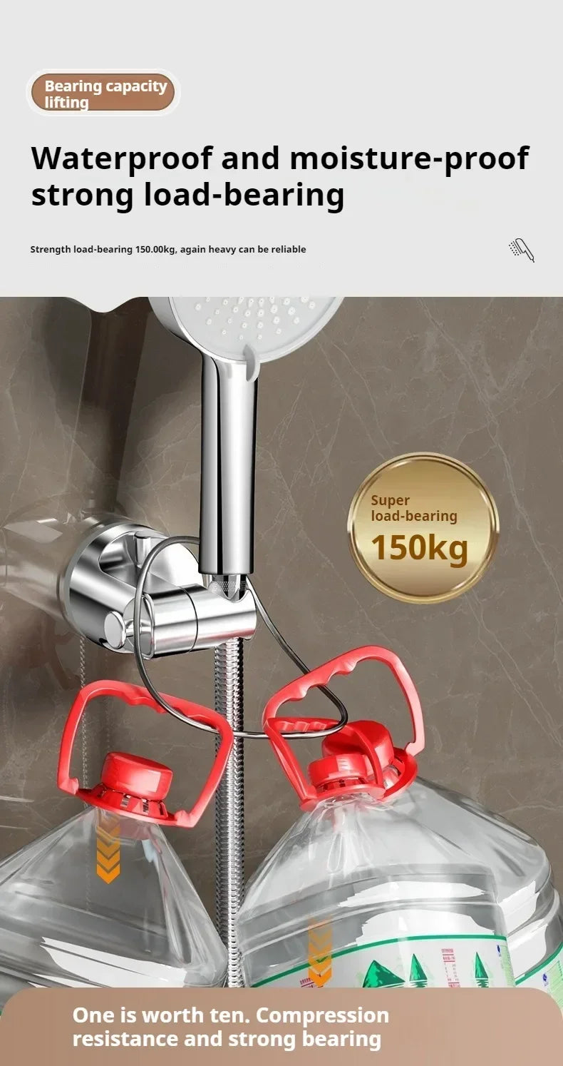 A close-up of a metal shower head holder with suction cups supporting a large plastic bottle, demonstrating strong load-beari