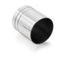 A shiny stainless steel bar measure or cylinder viewed from the side.