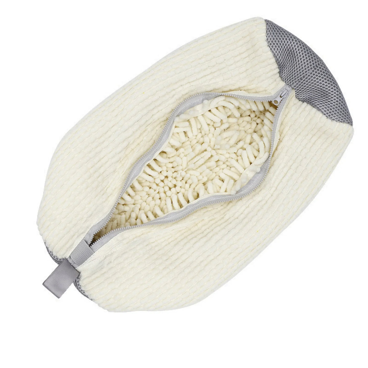 A cream-colored reusable shoe washing bag with a gray zipper and soft bristles visible from above.