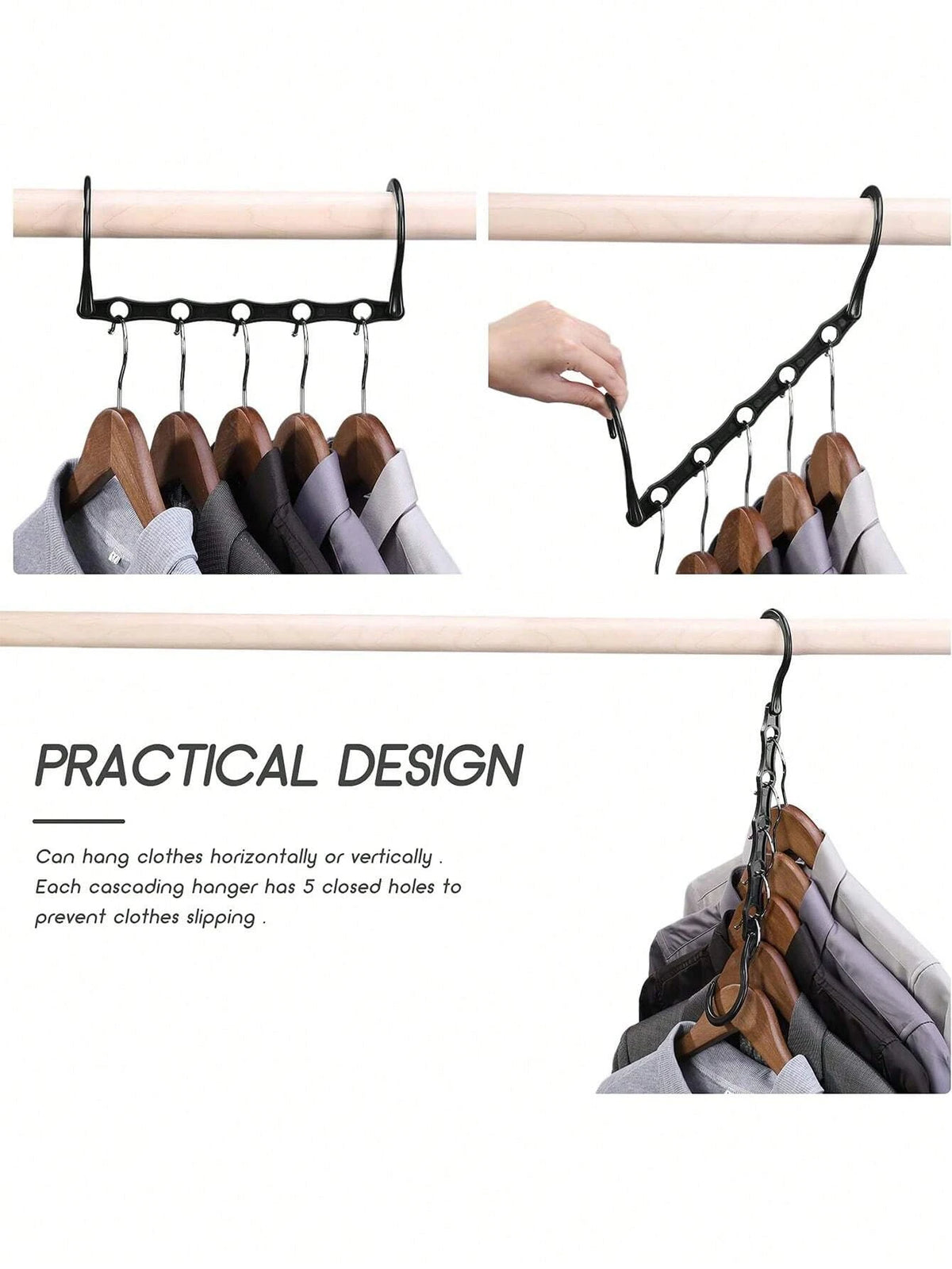 A set of black plastic clothes hangers with five closed holes for closet organization.