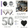 Bulk set of silver and black letter, round, and heart balloons for birthday parties