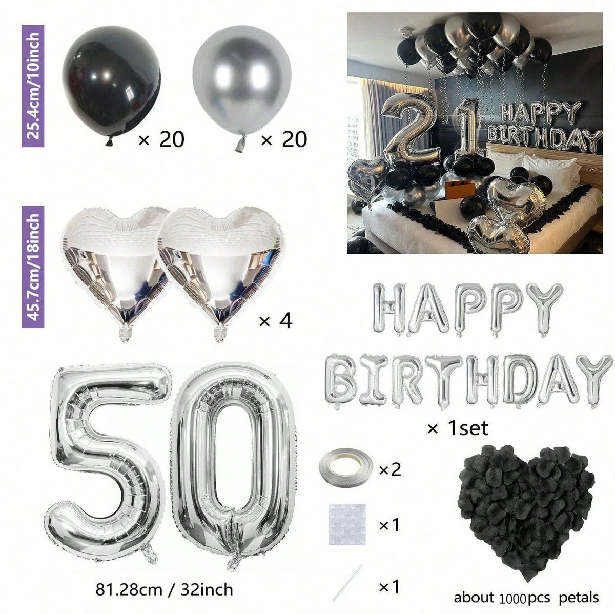 Bulk set of silver and black letter, round, and heart balloons for birthday parties
