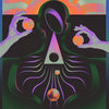 A vibrant, psychedelic artwork featuring a stylized human silhouette against a sunset background with glowing lines and spher