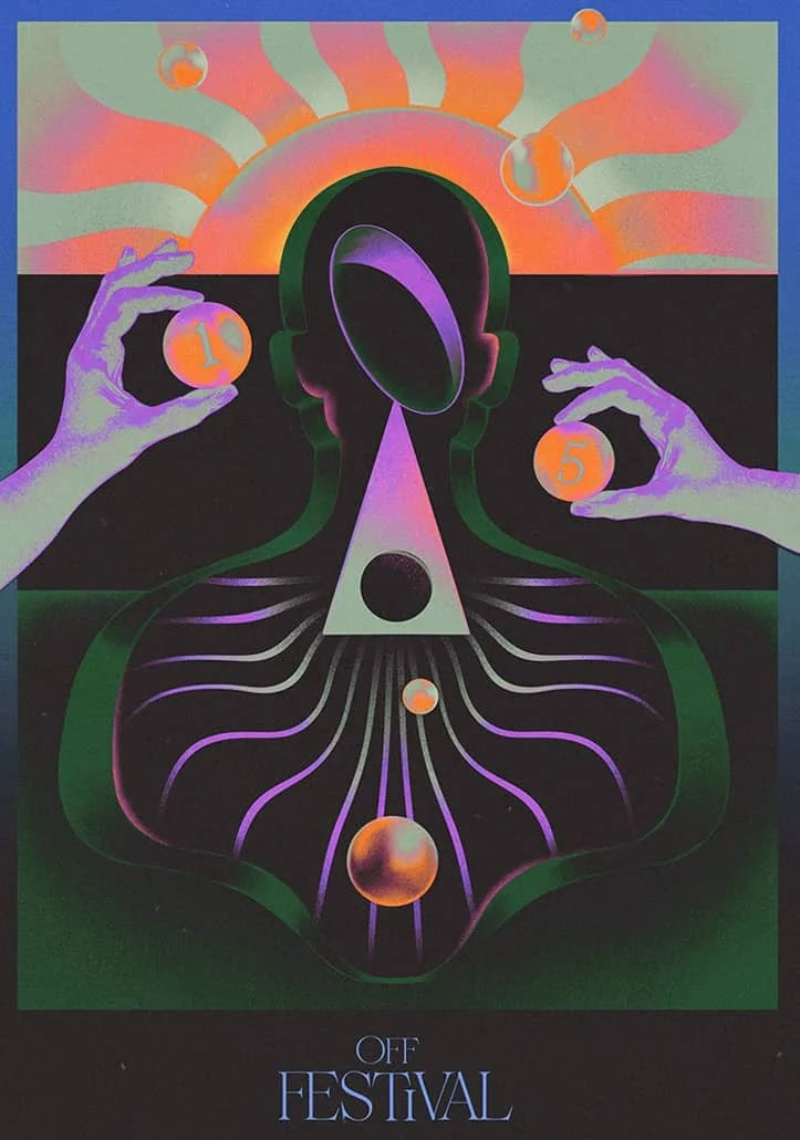 A vibrant, psychedelic artwork featuring a stylized human silhouette against a sunset background with glowing lines and spher