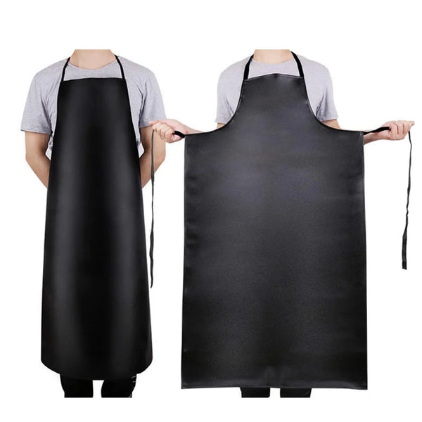 A black heavy-duty waterproof PU leather apron shown being worn by a person.