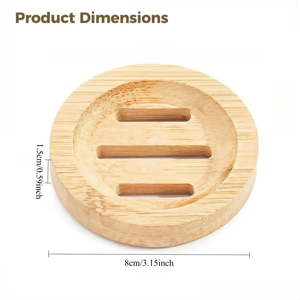 A round wooden soap dish with three slots for holding soap bars, showing its dimensions.