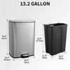 A stainless steel pedal trash bin shown in both silver and black colors with dimensions provided.