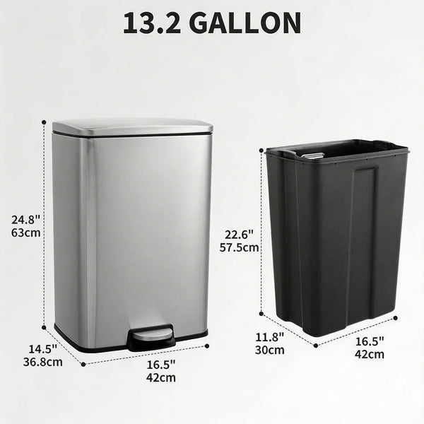 A stainless steel pedal trash bin shown in a side view with dimensions and a black version.