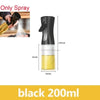 A black oil spray bottle with a pump mechanism and a yellow liquid inside, shown next to a hand applying the spray.