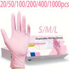 Pink disposable nitrile gloves in S/M/L sizes packaged for various quantities