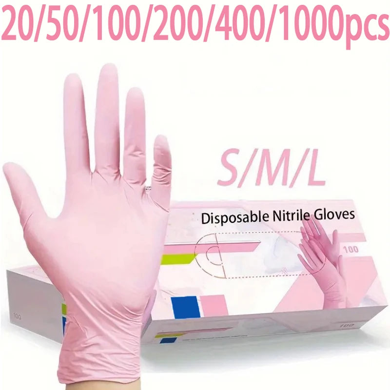 Pink disposable nitrile gloves in S/M/L sizes packaged for various quantities