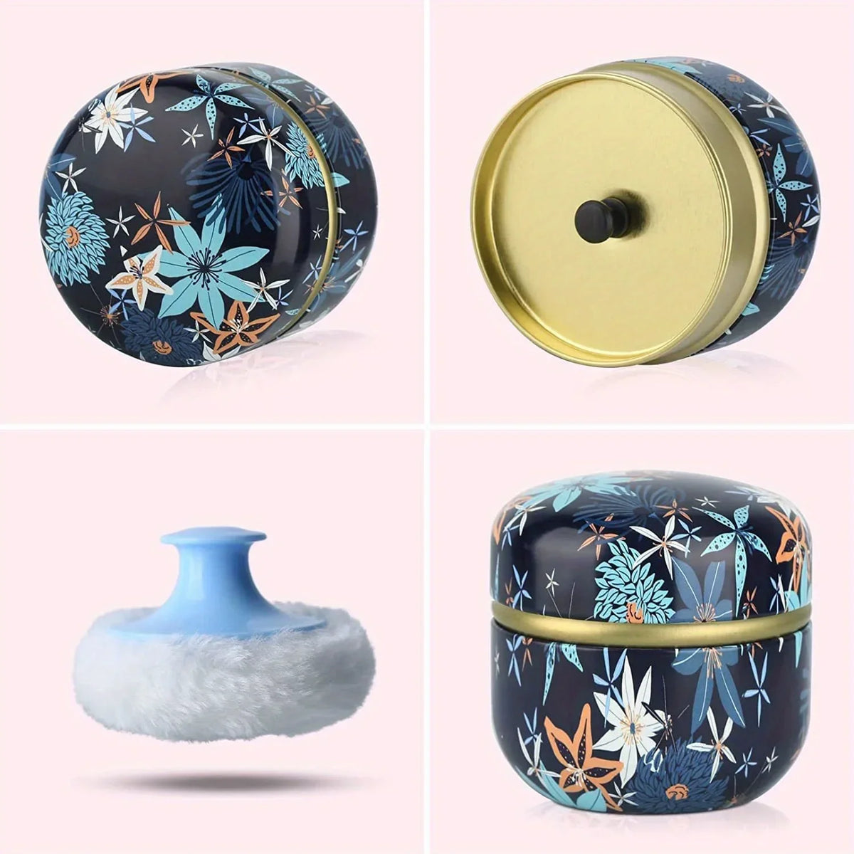Portables Kosmetiktütchen mit blau-schwarzem Blumenmuster, gezeigt aus verschiedenen Winkeln.