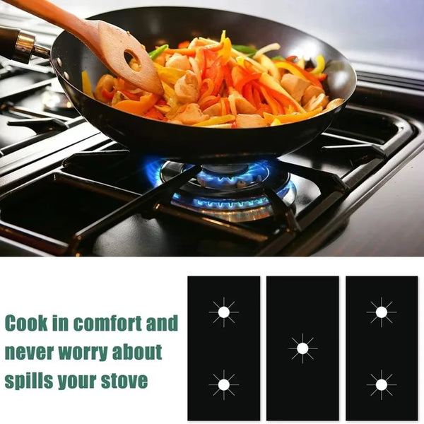 A wooden spatula is stirring food in a black skillet on a gas stovetop.