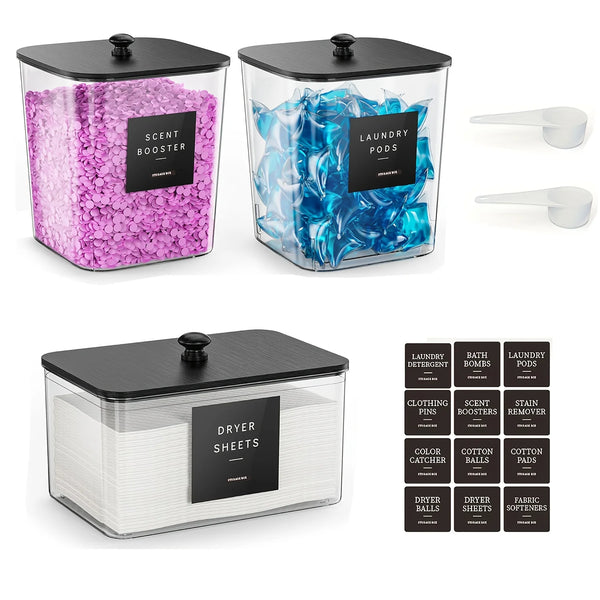 Three clear plastic laundry storage containers with black lids filled with pink, blue, and white laundry pods.