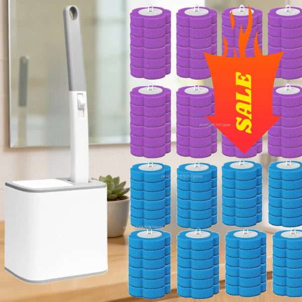 A set of purple and blue disposable toilet brush refills with long handles and wall mounts displayed on a counter.