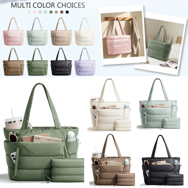 A variety of multi-color puffy lightweight tote bags for women in shades of pink, green, beige, and purple.