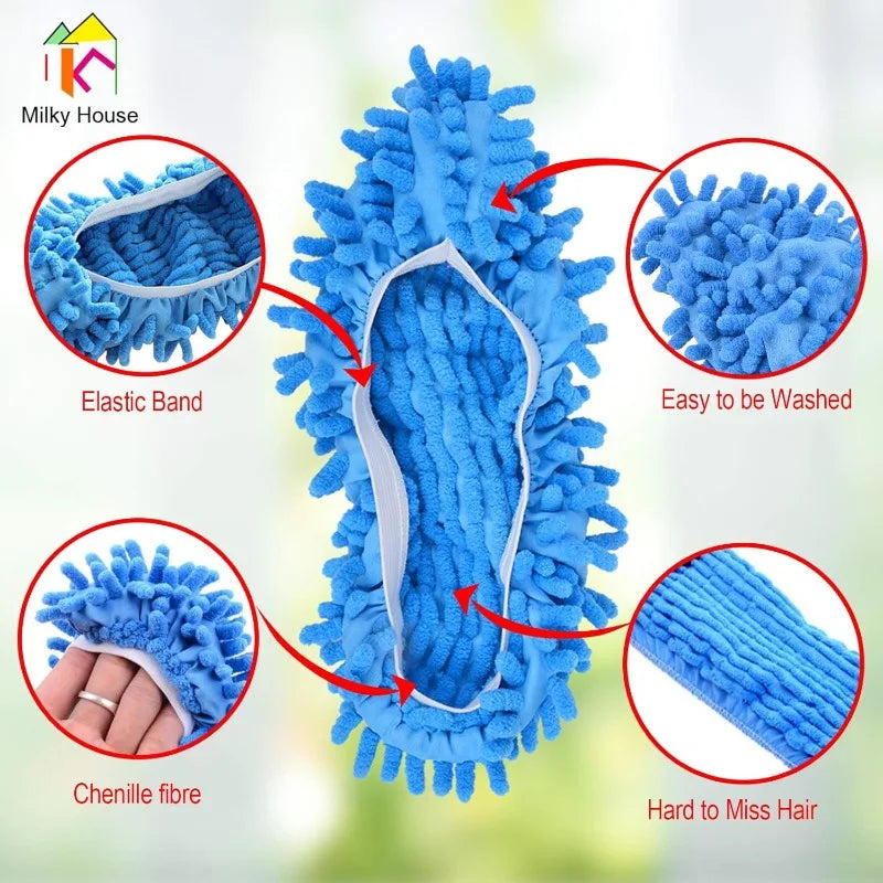 Blue microfiber dust-absorbing slippers showing features like elastic band and chenille fibre