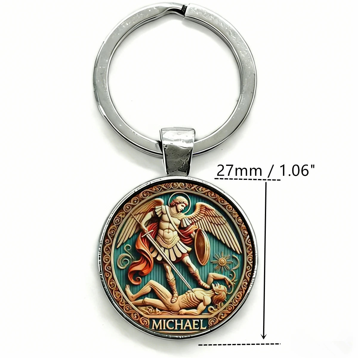 Silver keychain featuring an oval pendant depicting the Saint Michael Archangel.