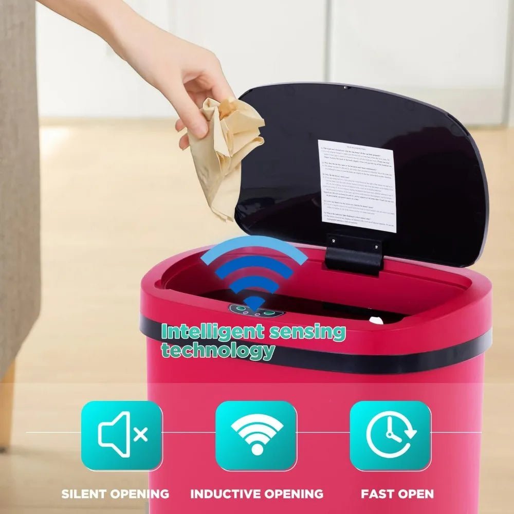 A hand opens a red automatic touchless trash can, demonstrating silent opening and inductive opening features.