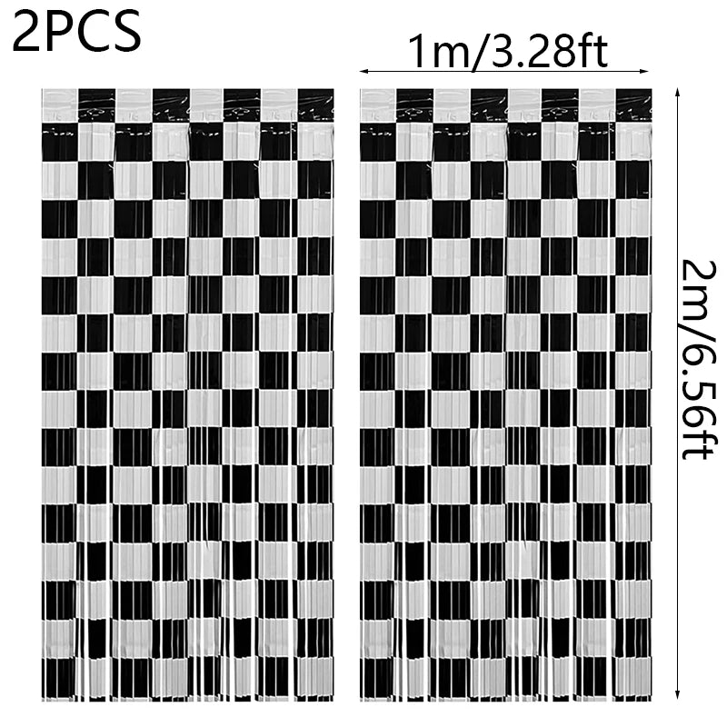 Two pieces of black and white checkered foil curtain backdrop measuring 1 meter wide and 2 meters high.