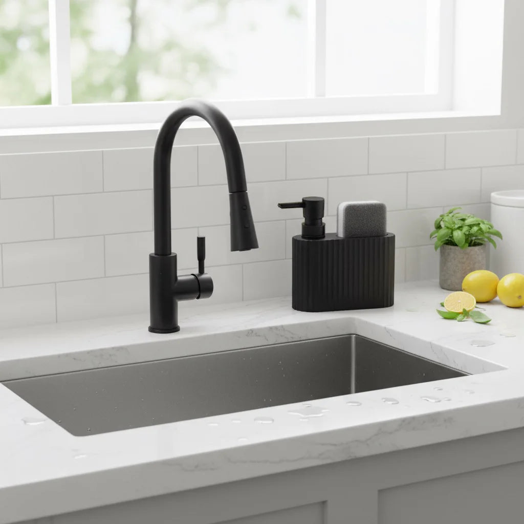 A black kitchen faucet mounted on a white countertop next to a black dish soap dispenser and sponge holder.