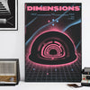A dark canvas print titled DIMENSIONS featuring a glowing pink circular structure against a starry background.