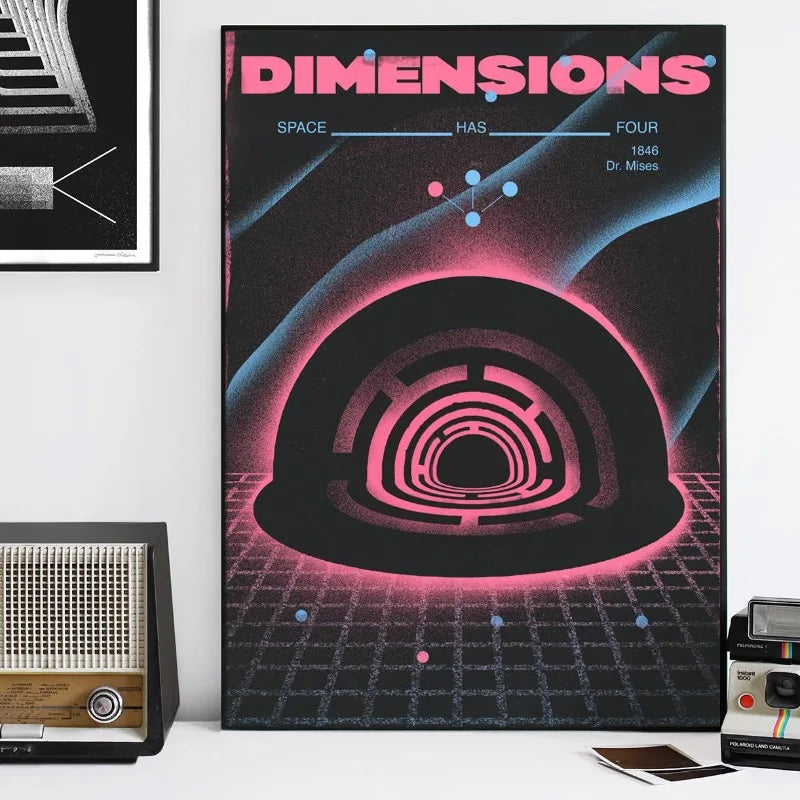 A dark canvas print titled DIMENSIONS featuring a glowing pink circular structure against a starry background.