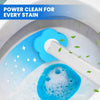 A white long-handled toilet brush is cleaning a stain in a white porcelain toilet bowl, creating foam and bubbles.