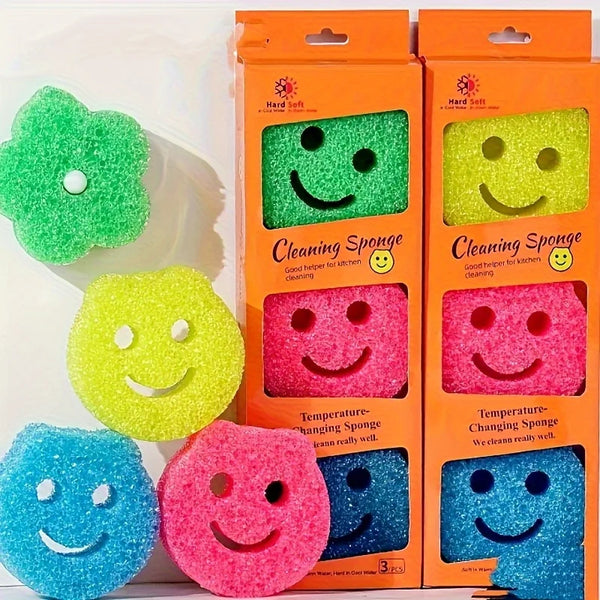 Set bunter Smiley-Gesicht-Temperaturwechsel-Reinigungschwämme in grün, gelb, blau und rosa