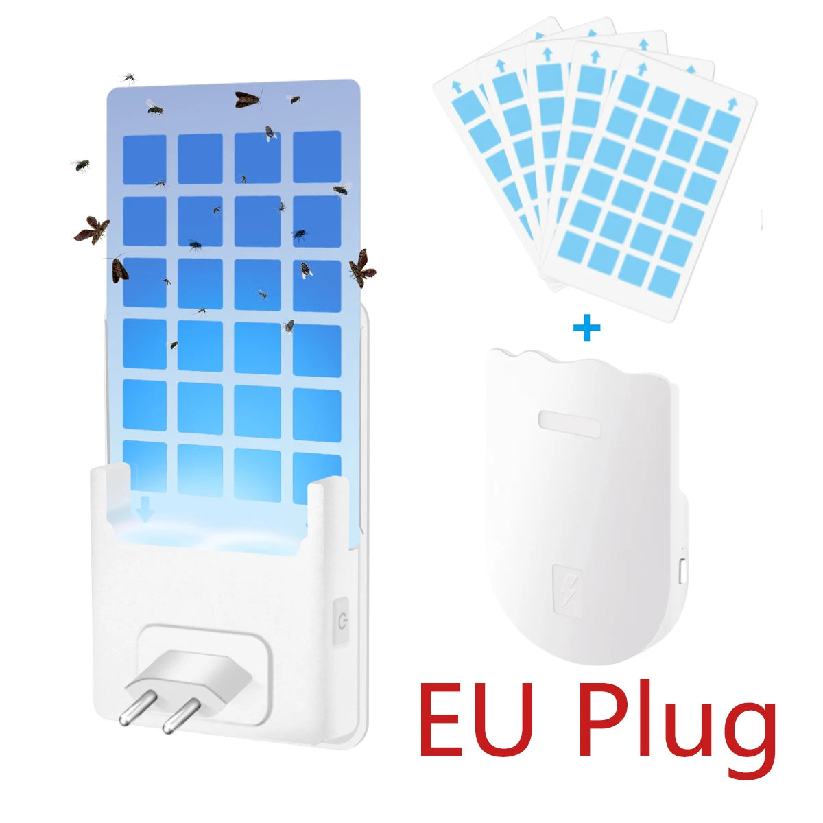 An adhesive mosquito killer lamp with a night light and an EU plug is shown alongside a stack of blue tiles.