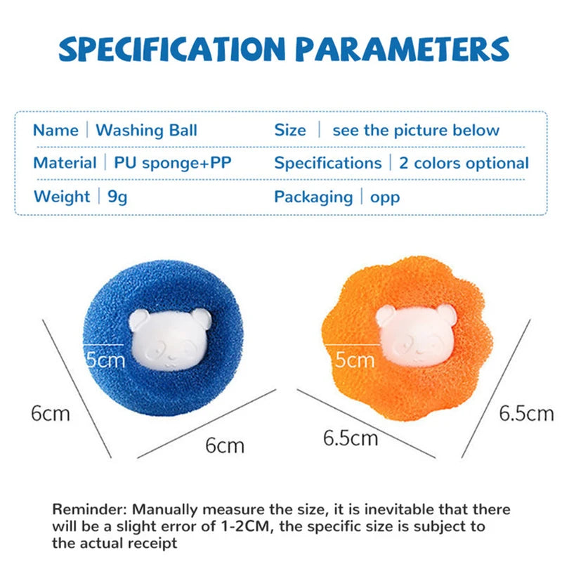 Two reusable lint and hair remover balls are shown, one blue and one orange, illustrating their size.