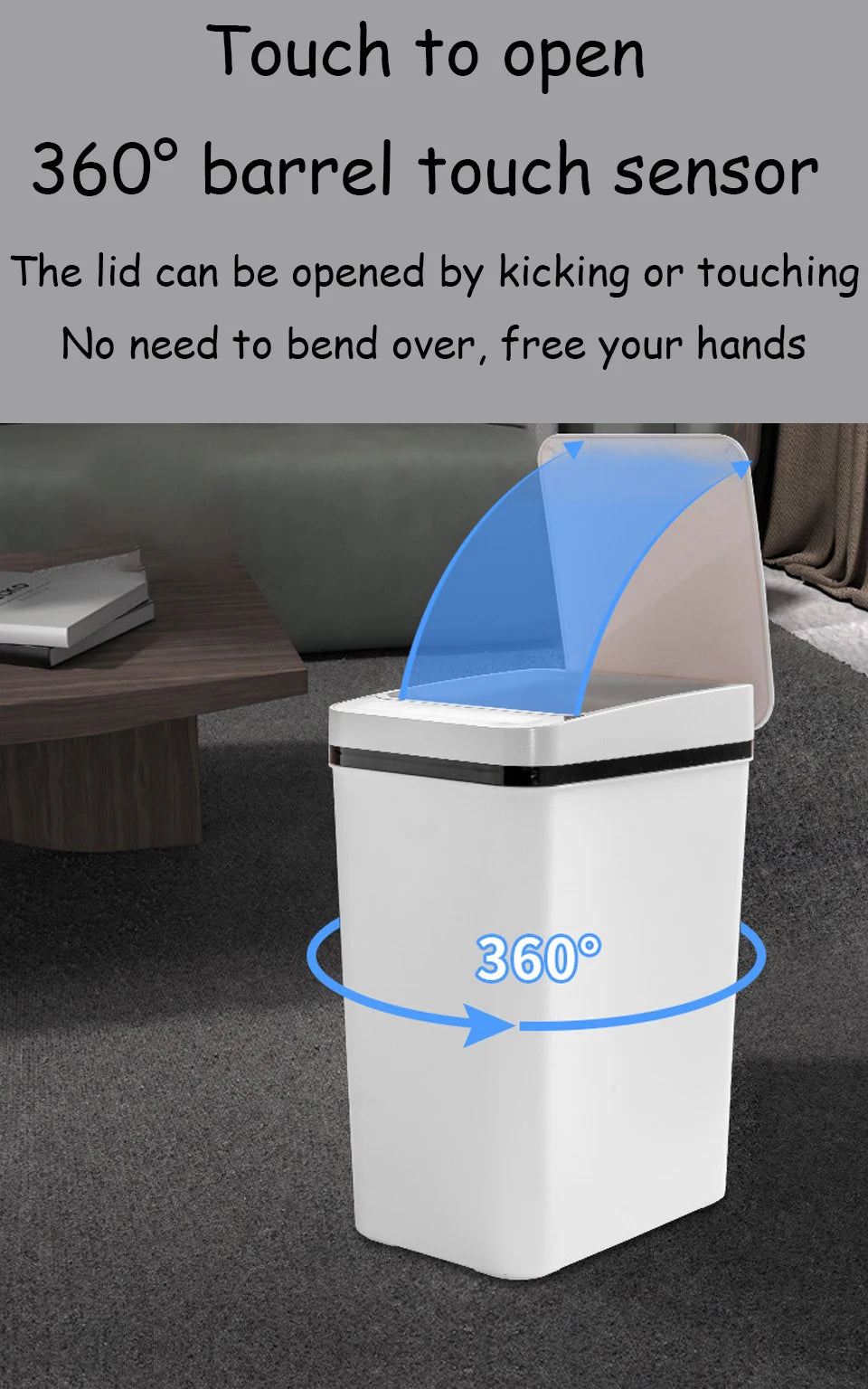 Weiße Mülleimer mit Deckel und 360-Grad-Barrel-Touchsensor zum einfachen Öffnen.