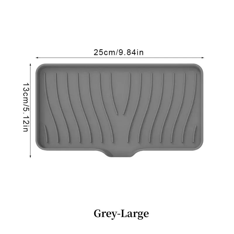 A grey silicone draining soap tray organizer with ribbed drainage grooves.