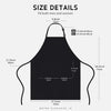 Black chef apron with a large front pocket shown flat lay with size details.