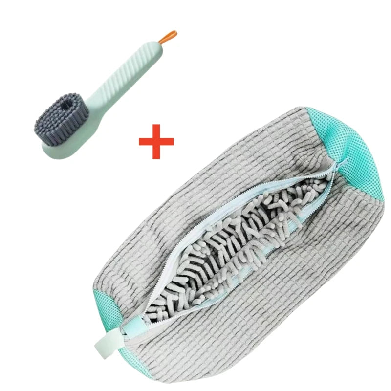 A gray shoe cleaning set featuring a brush and a storage bag with teal accents.