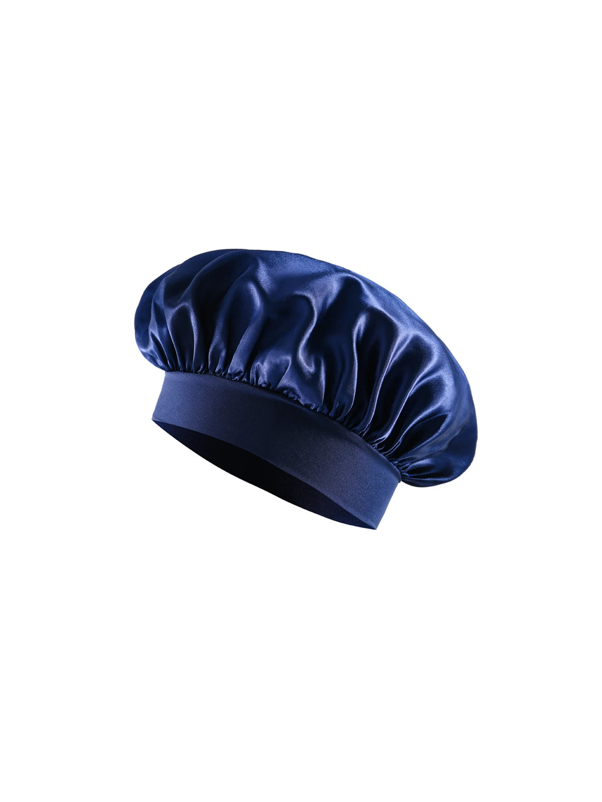 A dark blue satin sleep bonnet for a toddler, folded and displayed.