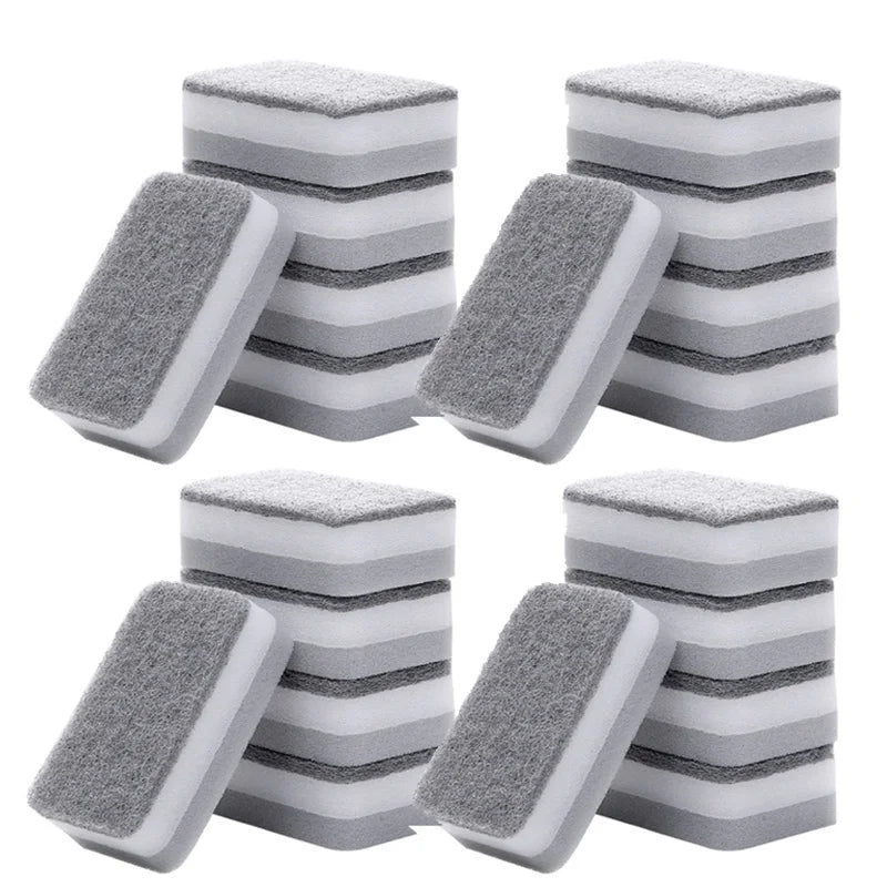 Stack of gray and white double-sided cleaning sponge wipes
