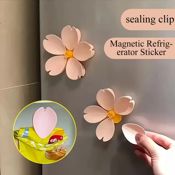 Pink magnetic sealing clips used as refrigerator stickers for securing food and bags
