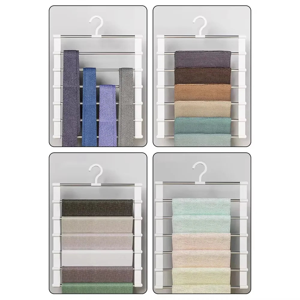 A set of multi-layer pants hangers with non-slip clips displaying various shades of gray, blue, green, and beige.