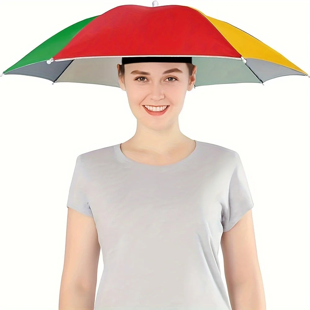 A woman wearing a red, green, and yellow umbrella hat for sun and rain protection.