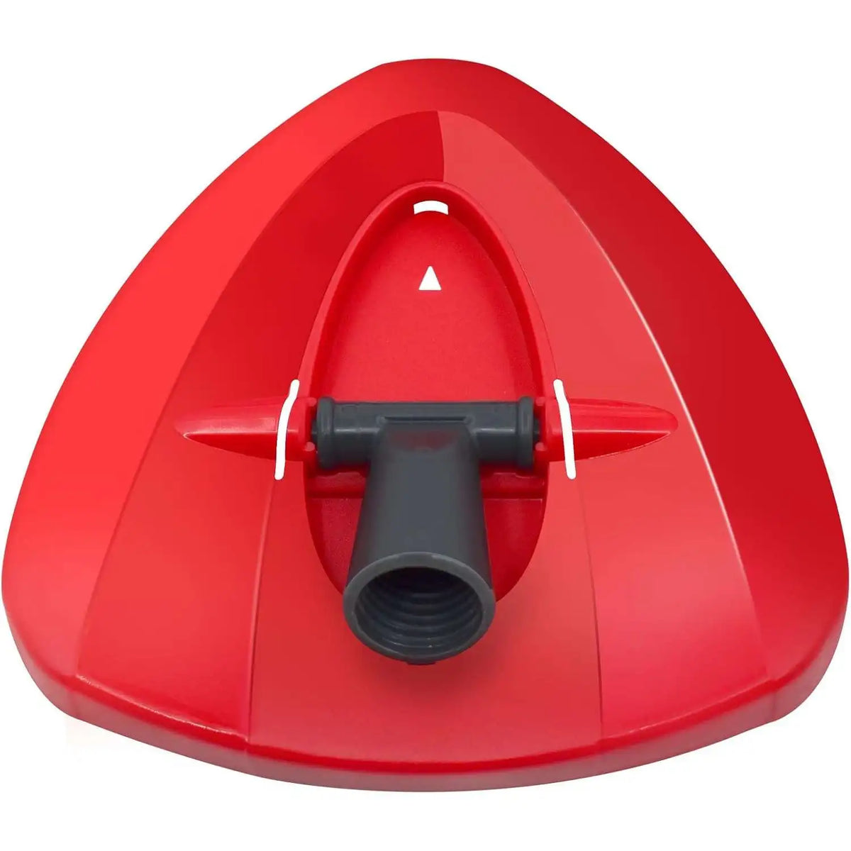 Red microfiber spin mop refill head with a black nozzle and white alignment markers.