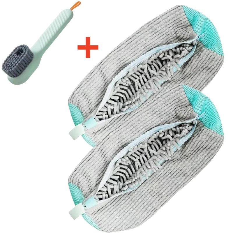 A multi-use shoe cleaning set featuring a brush and a storage bag with mesh fabric.