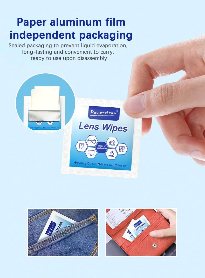 A hand holds a package of Powerclean Lens Wipes, showing the product packaging and usage context.