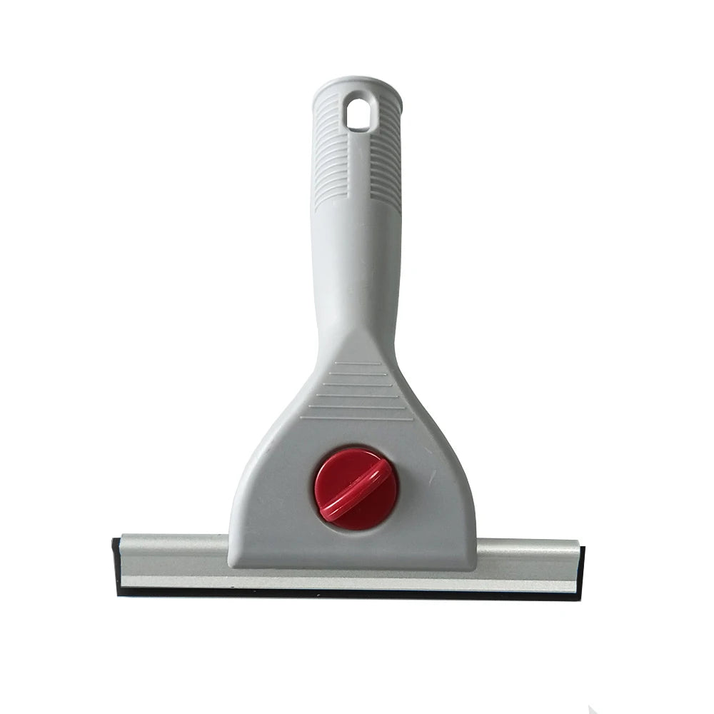 A gray squeegee tool with a handle and a red knob is shown for cleaning glass.
