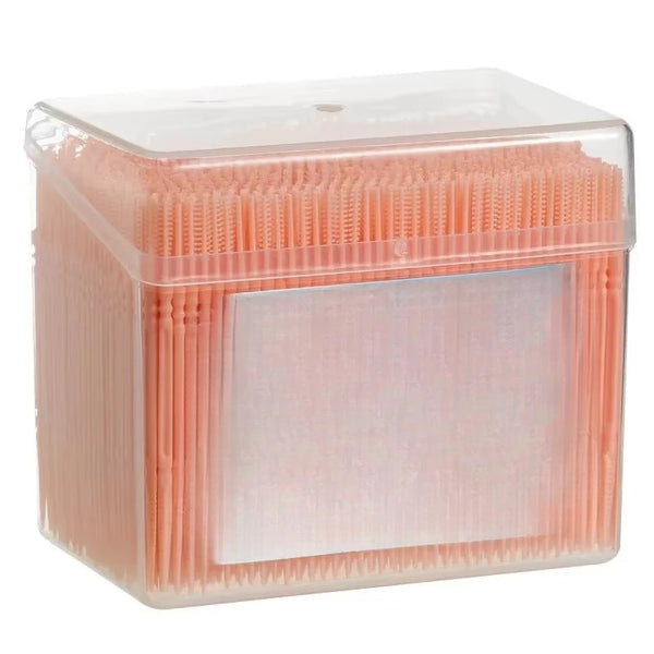 Clear plastic container holding double-head dental floss picks with interdental brushes
